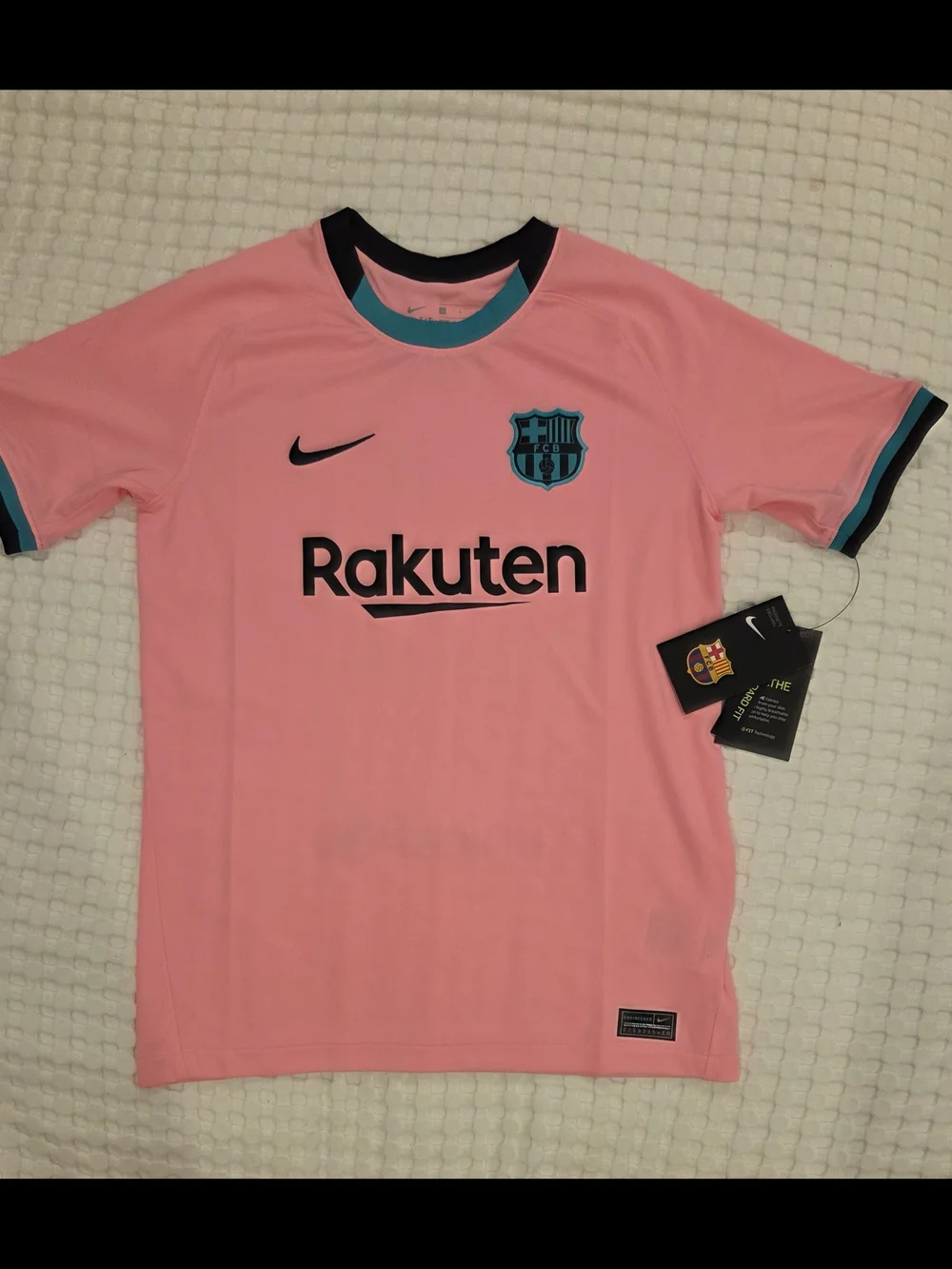 Nike Kids Pink Barcelona Soccer Jersey with Teal Crest and Black Trim